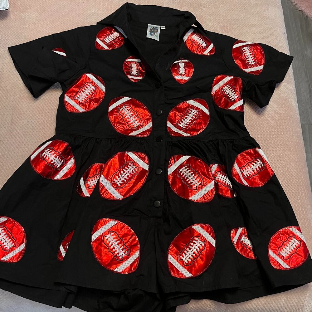 QUEEN OF SPARKLES | Black & Red Football Romper | NEW/NEVER WORN | Size: XS